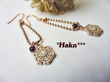 *Hakn***　天然石（ガーネット）とお花パーツのピアス